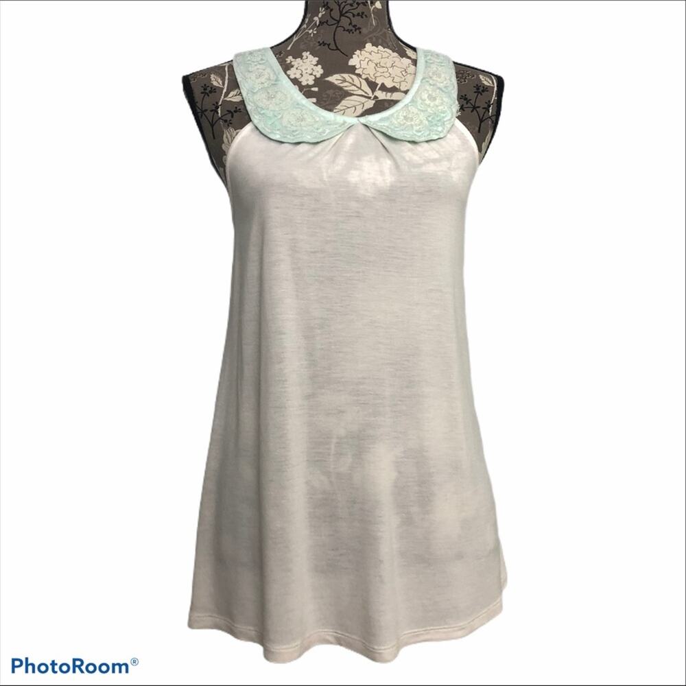 Kenar Peter Pan Beaded Collar Sleeveless Lightweight Rayon Top Cream Aqua